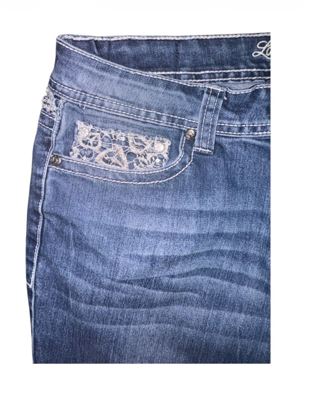Love Indigo bootcut denim jeans WOMENS embellished western boho lace medium wash - Picture 3 of 9